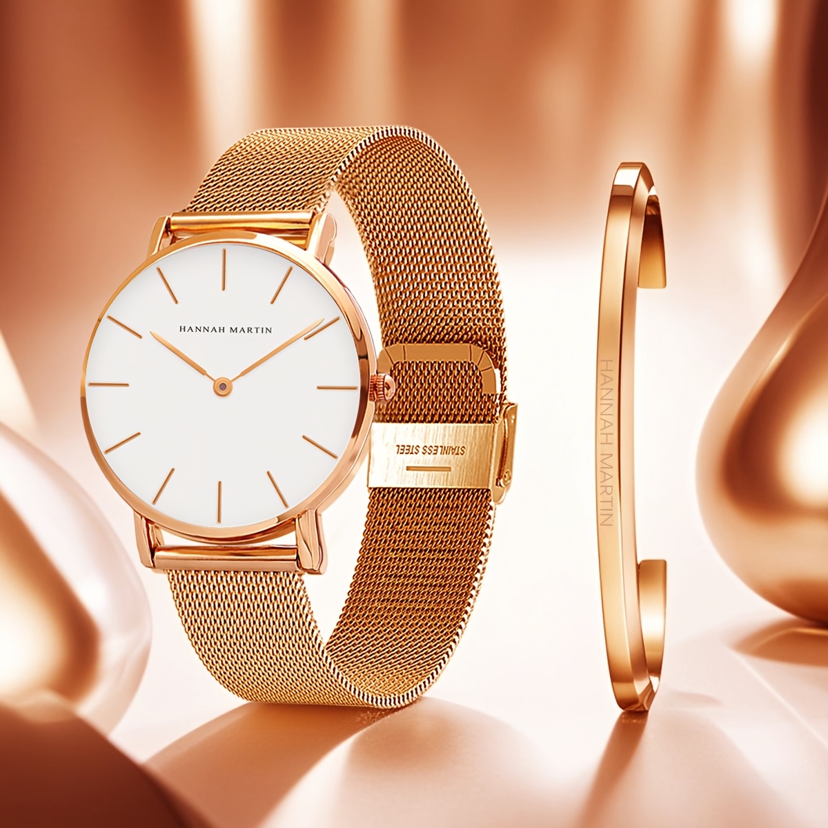 2pcs fashion womens watch set rose golden silvery stainless  display picture 2