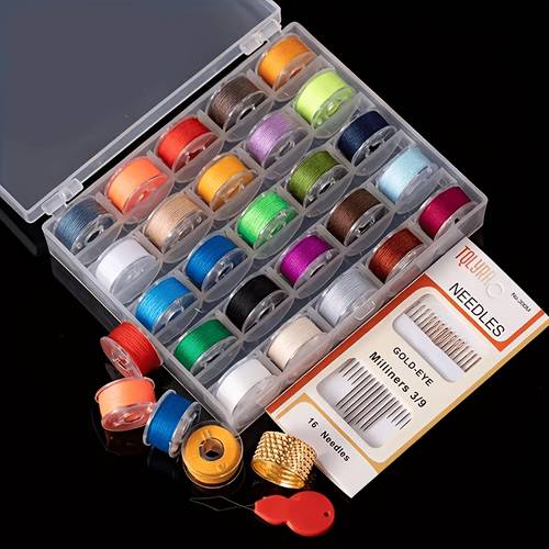 a box containing 25 assorted color threads sewing machine thread household needles hand needles thimbles and needle threaders suitable for hand and machine sewing garments