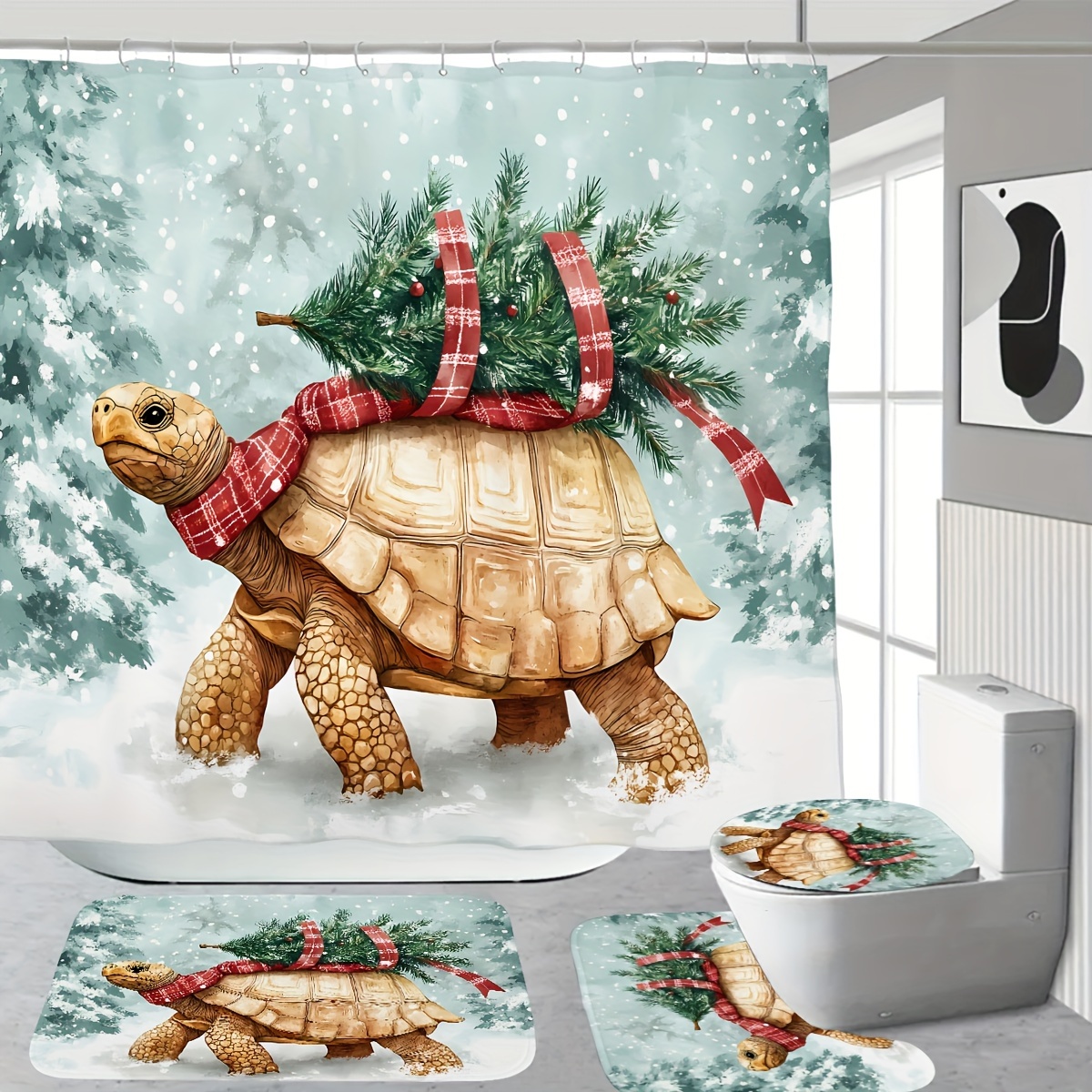 

Christmas Bathroom Set Bath Decor, Printed , Polyester , Mat, And Set 12 Plastic - 180x180cm