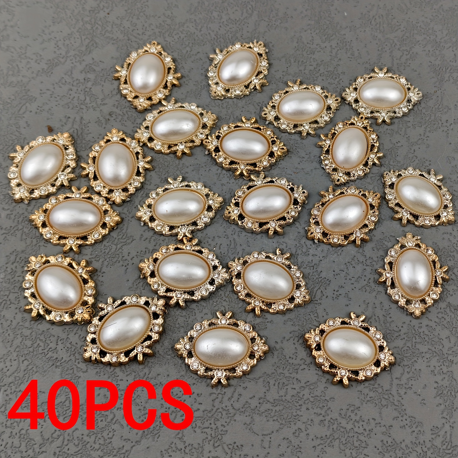 TEMU 40pcs Golden Acrylic Oval Pearls And Rhinestones Luxurious Style Artificial Decorations - Flower Cluster Sewing Patches, Suitable For Clothing