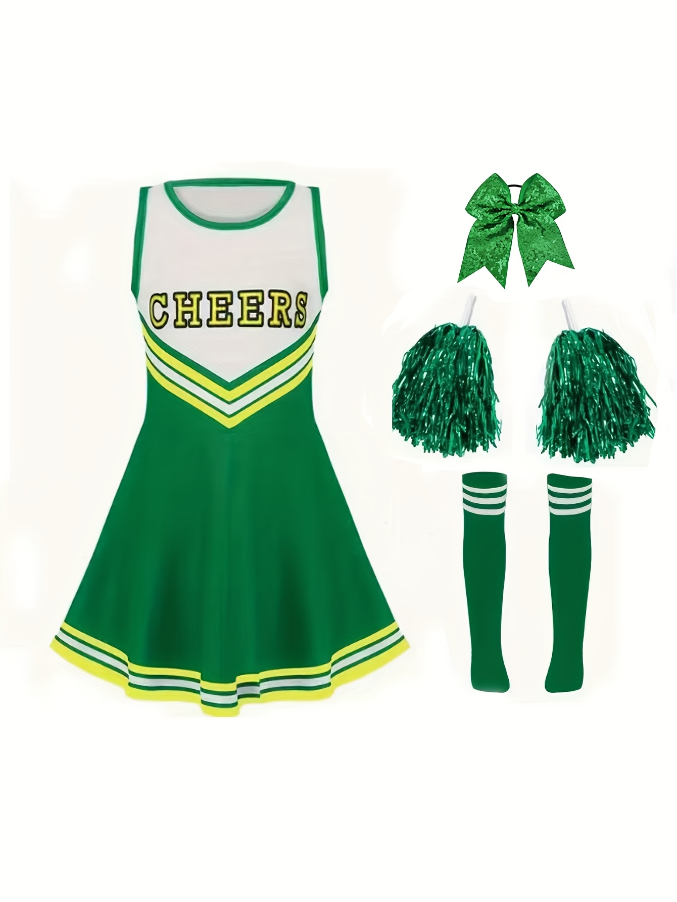 Conjunto de traje de porristas verde para niñas con Scrunchie, pompoms de  porristas y calcetines Diseño &*;Cheers&*;, ideal para fiestas, deportes