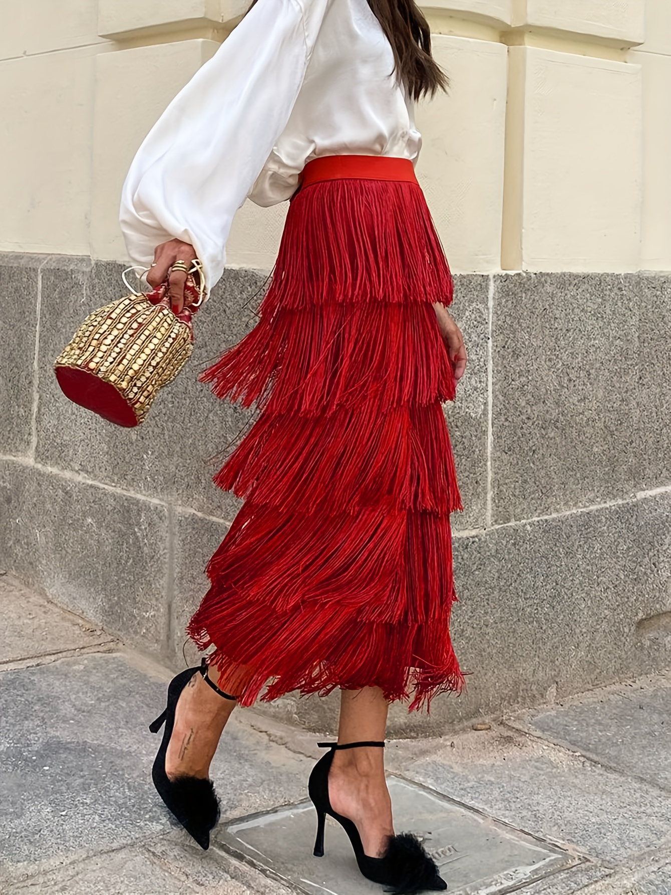 Women's Elegant Fringe Maxi Skirt Flowing Train Hem with Layered  Tulle-like Fringe, Hand Washable Formal Wedding Guest Dress,