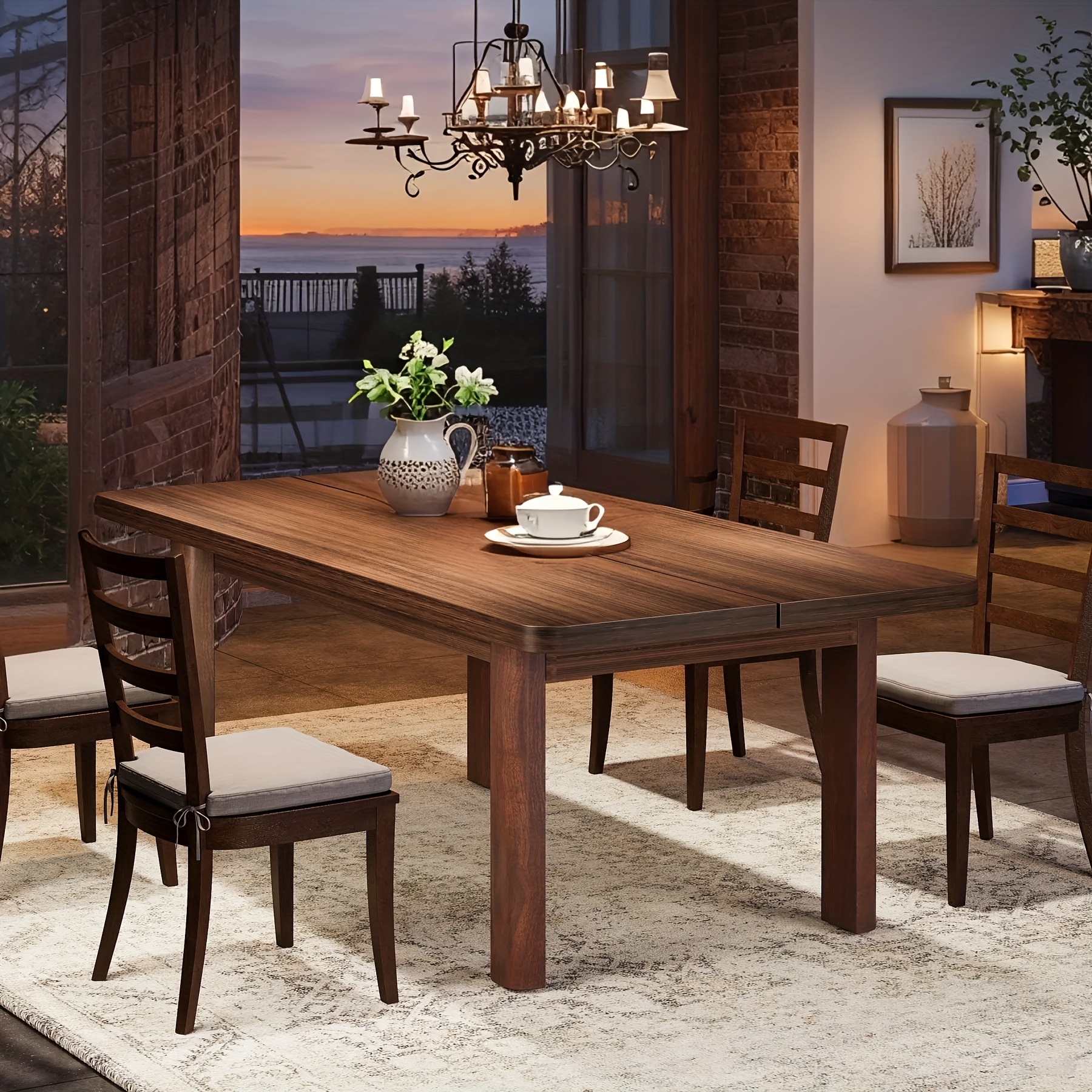 63" Rustic Farmhouse Wooden Dining Table - Brown Finish for 4-6 People