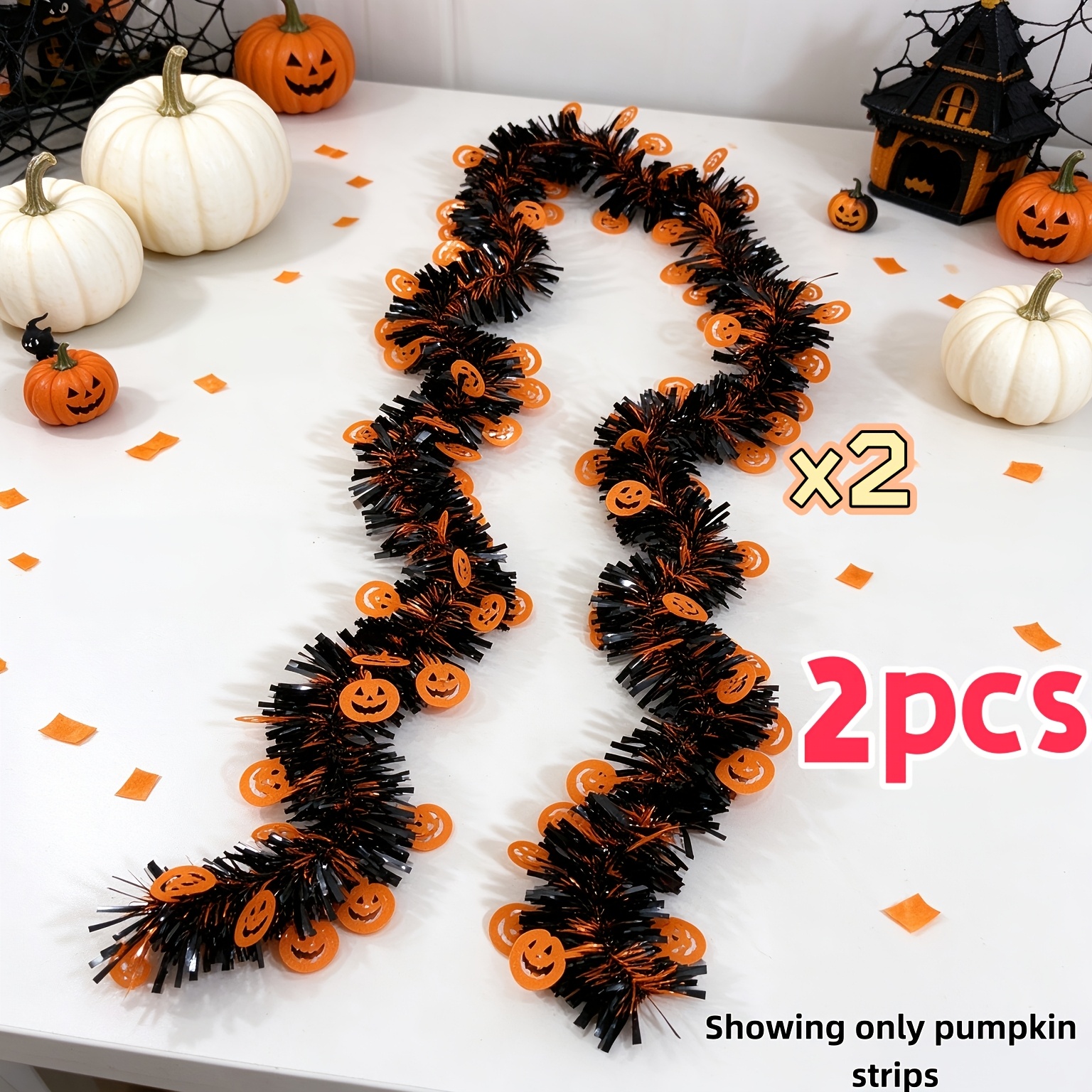 TEMU 159.84 Inches = 2pcs High-quality Halloween Pumpkin Fringe Set. Suitable For Door Frames, Fireplace Surrounds, Staircase Railings, Bedroom