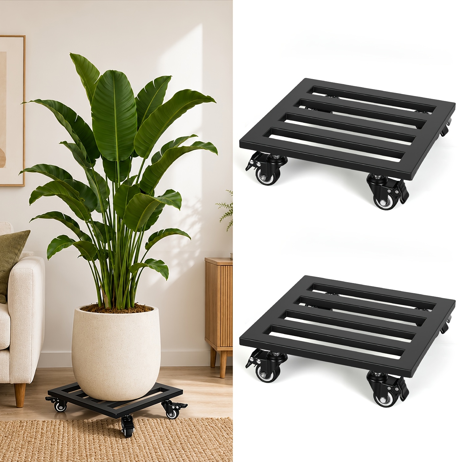 2 Black Flower Stands With Casters, Square Metal Frames, 30 X 30cm, Equipped With Casters With Locks, With A Weight Capacity Of Approximately 160kg, Suitable For Indoor And Outdoor Use.