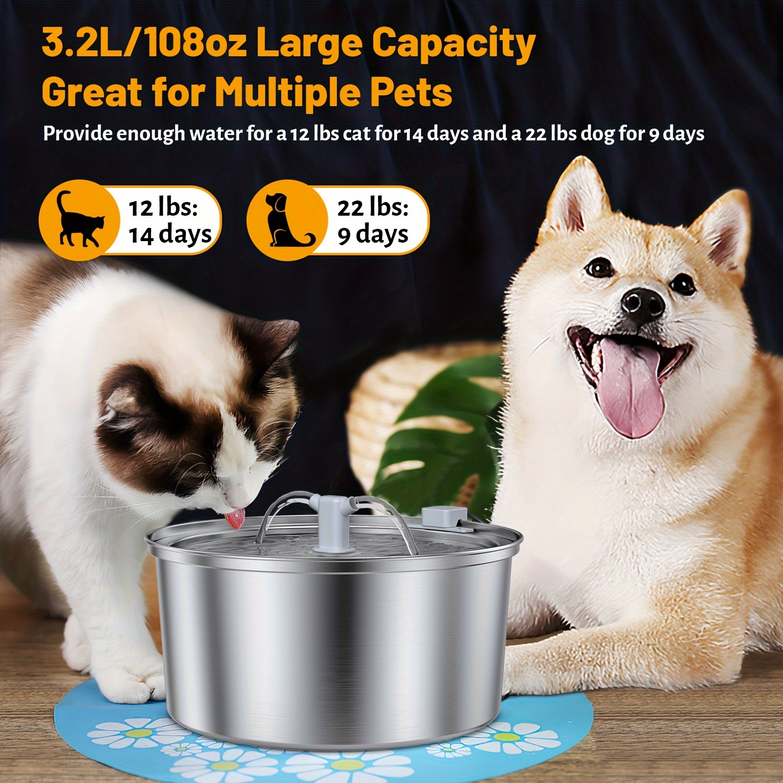 

3.2l/108oz Stainless Steel Cat Water Fountain, Automatic Pet Water Dispenser For Cats, Dogs, Includes Replacement Filters, Electric Water Bowl With Ultra-quiet For Multiple Pets