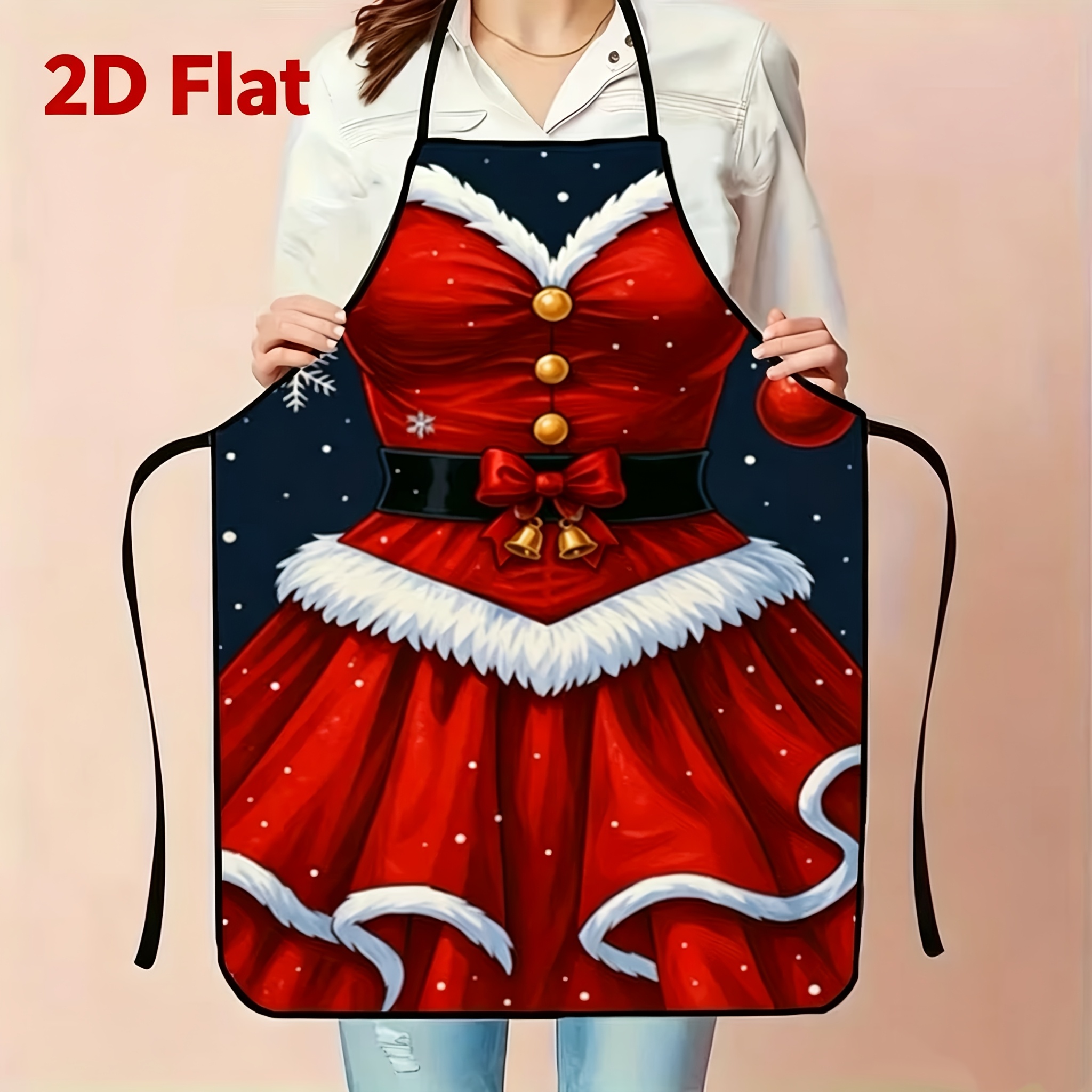 TEMU Tablier de cuisinière plat 2D pour femme, 1 pièce, élégant et sur le thème de Noël – Motif rouge et blanc, de de neige, de boutons dorés et d'un