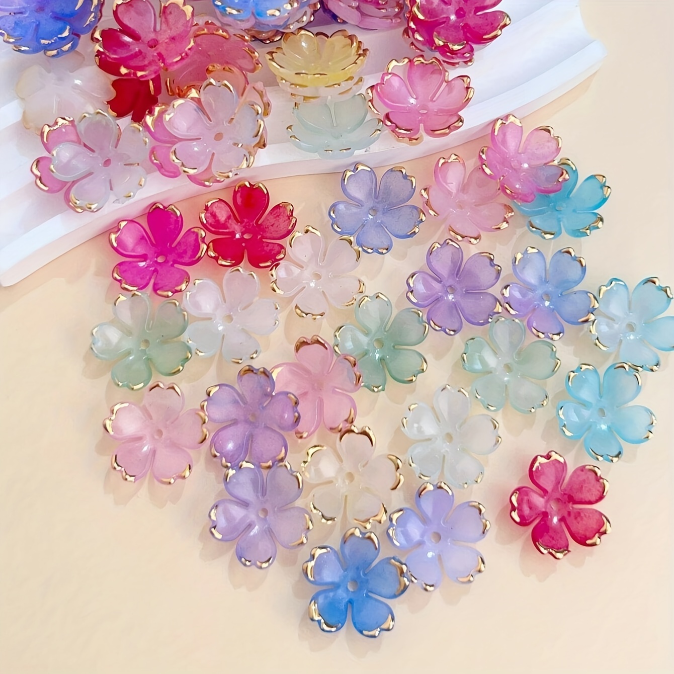 

40pcs Sakura Flower Bead Caps, Assorted Colors With Golden Foil Edges Diy Jewelry Making Charms, Fashionable Floral Petals For Hairpins, Earrings, Bracelets, Handmade Craft Accessories