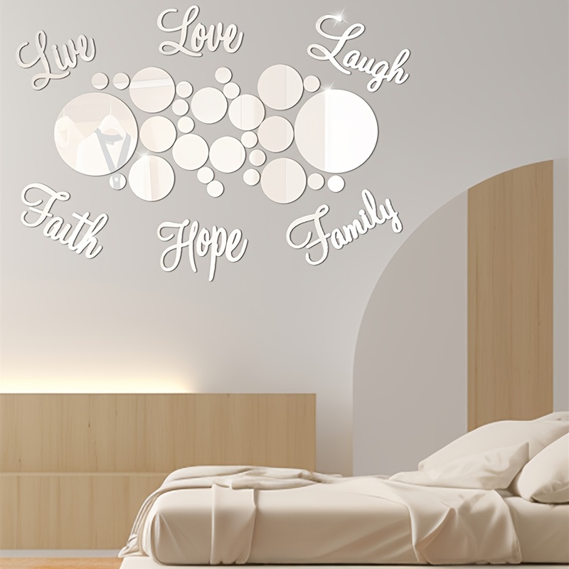TEMU 32pcs, Round Acrylic Mirror Wall Stickers Faith Love Laugh Family Live Wall Decoration, For Bedroom, Living Room, Office, School, Classroom, Kitchen, Bathroom