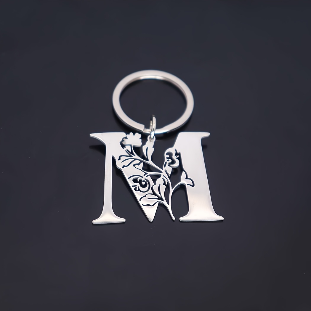 TEMU 2026 New Fashionable Stainless Steel Cut A-z Letter Pendant Keychain Men And Women Temperament Versatile Floral 26 Chain Pendant Additions