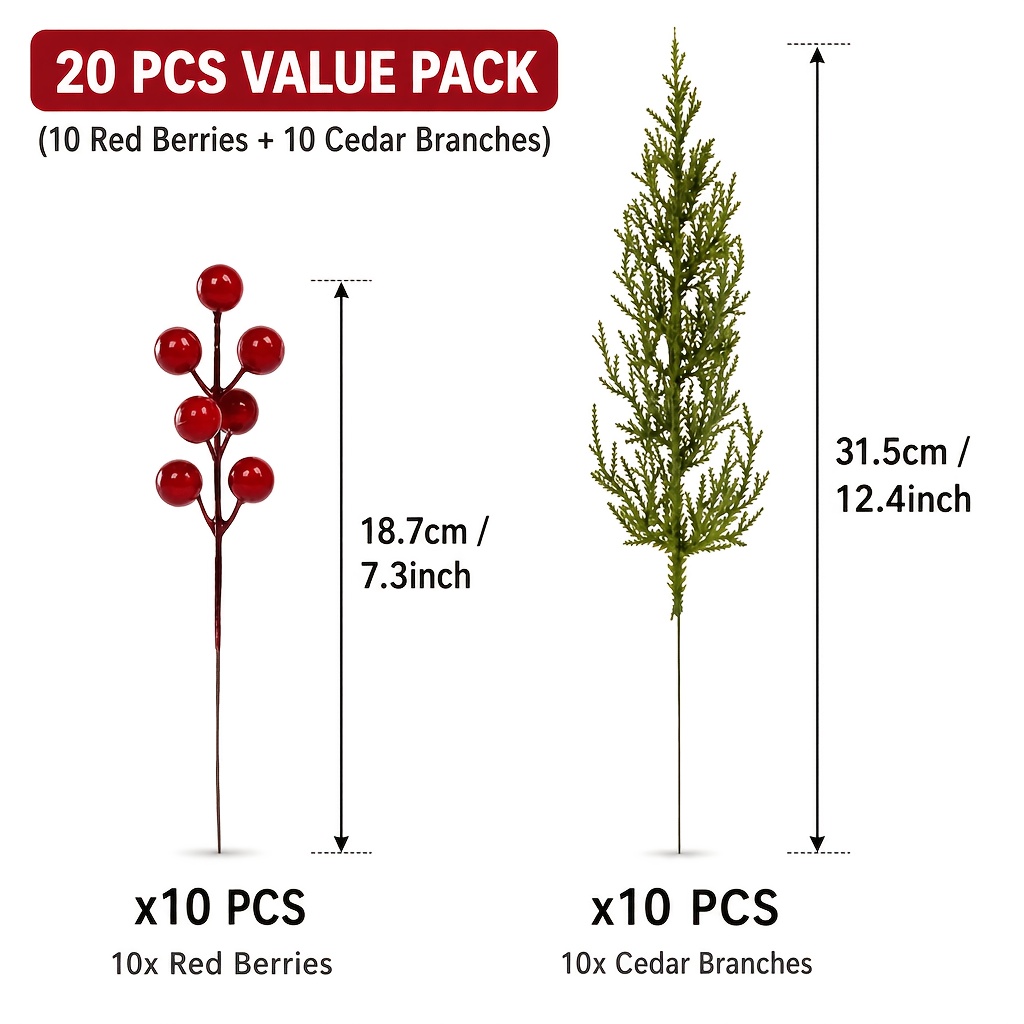 TEMU 20pcs Set Of Red Berries And Holly Artificial Branches, Realistic Plant Bouquet, Suitable For Home Decor, Wedding Arrangements, Christmas