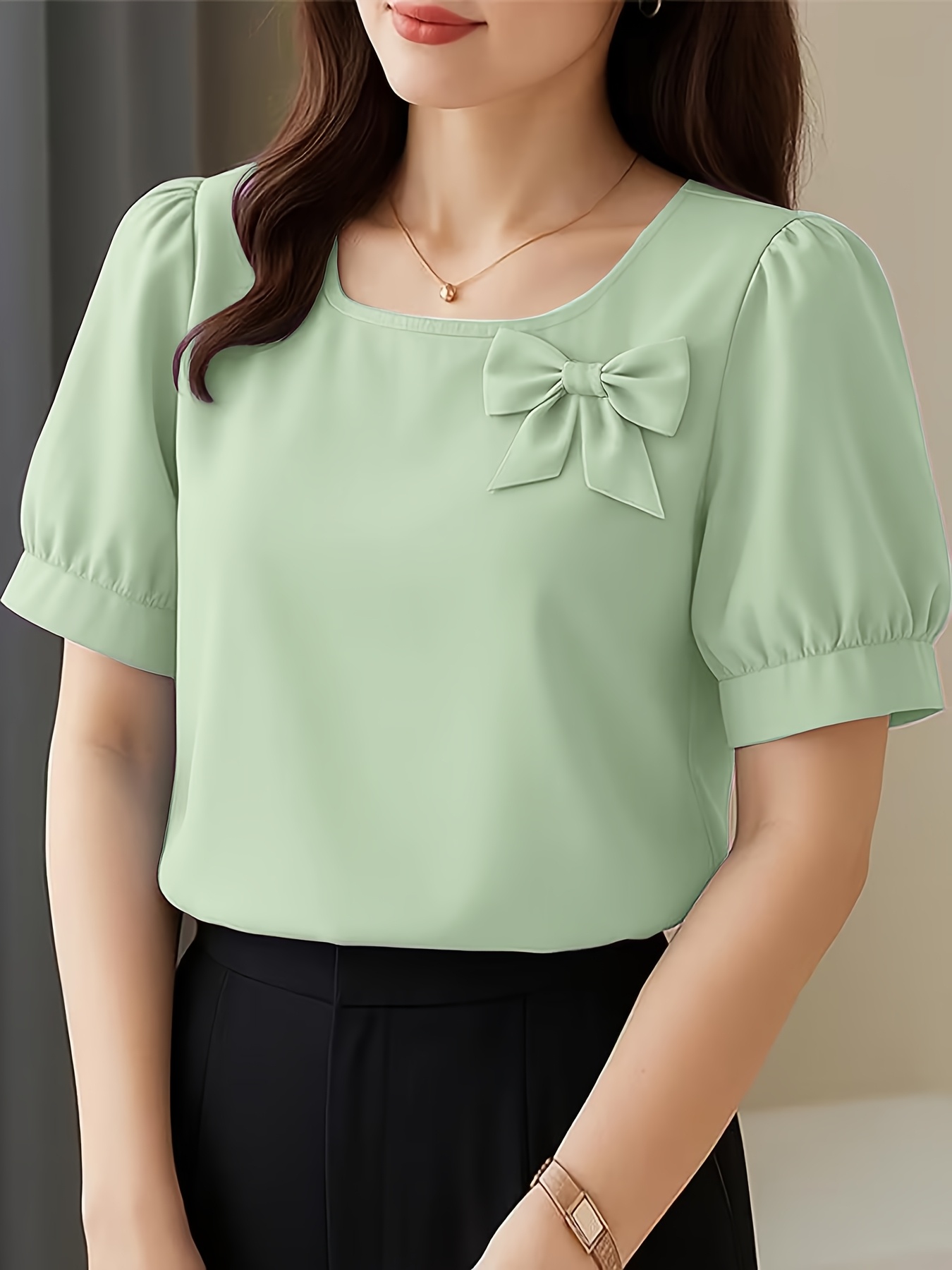 elegant casual square neck short sleeve shirt bow puff - Temu