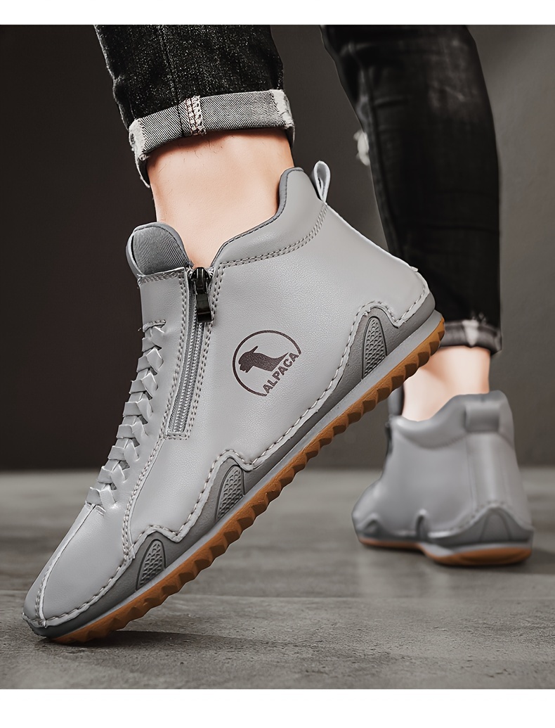 [Casual & Outdoor Shoes] Men's Ankle-High Zipper Boots - PU Upper & Rubber Sole, Slip-On/Lace-Like Zip Closure, All-Terrain Traction (EU 39-48), Casual & Outdoor Shoes for Winter/Spring/Fall, Round Toe Ankle Booties with Cushioned Insole