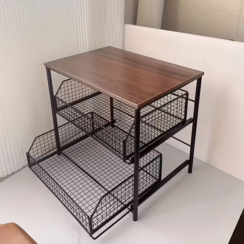 TEMU Multifunctional Double-layer Shelf, Kitchen Countertop Storage Organizer, Space-saving Unit With Drawers And Wire Baskets, Heavy-duty Tabletop