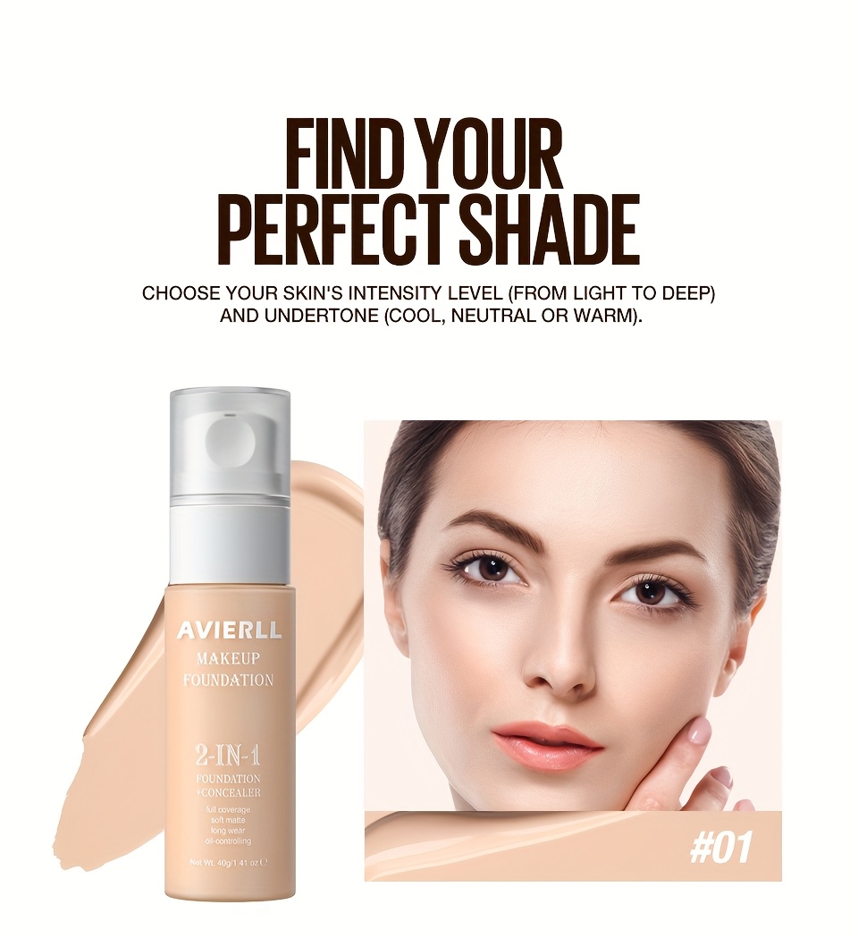Moisturizing Foundation and Concealer | Waterproof, Suitable for Women'S Makeup, Valentine'S Day Gift, AVIERLL, 40g/1.41 oz, Medium Coverage, Fair to Light Tone