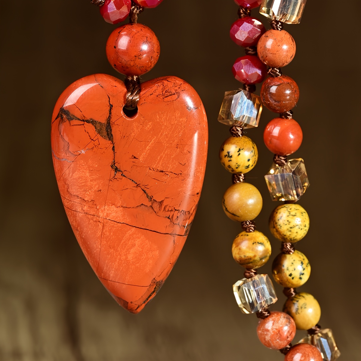 Men's Vintage Bohemian Red Jasper Heart Pendant Necklace