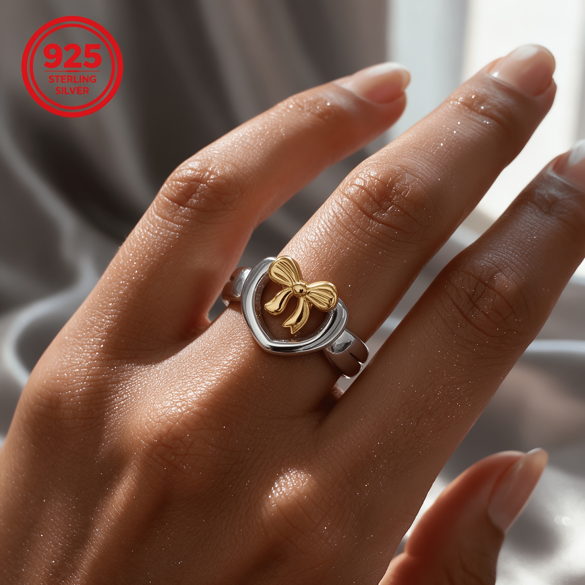 925 Silver Hypoallergenic Adjustable Open Heart-Shaped Bow Ring, Stylish