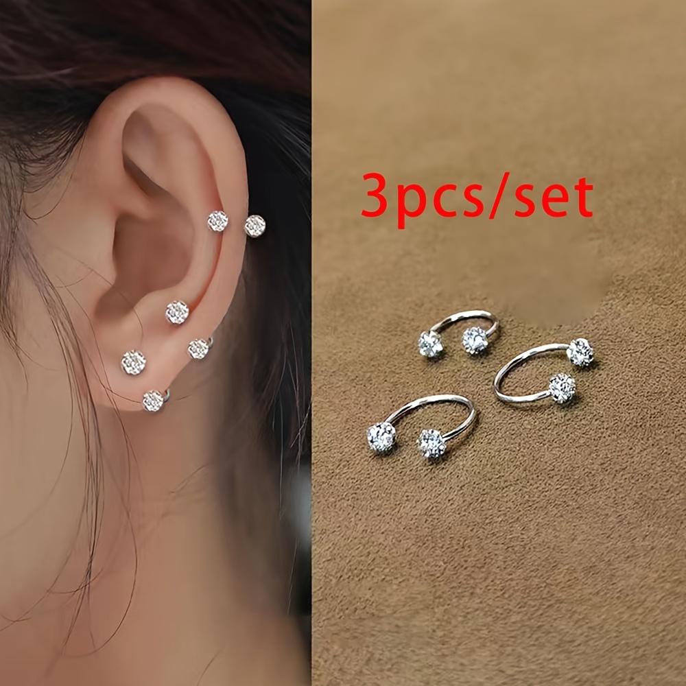 3pcs Stainless Steel Rhinestone Ball Earrings & Ear Bone Studs Set