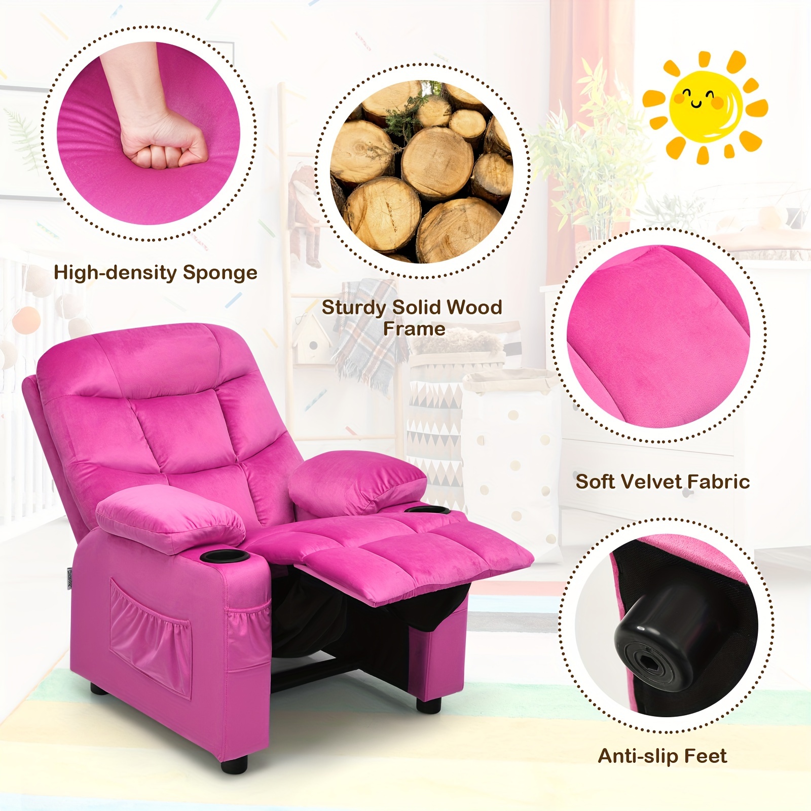 Girls' Pink Velvet Recliner Chair with Cup Holder & Storage Pocket - Heavy-Duty 300lb Capacity, Ergonomic Backrest & Armrests, Manual Recliner with Safety Belt - Modern Soft Cushioned Lounge Chair for Kids & Teens, Easy Assembly, Ideal for Bedroom, Living Room, Home Theater - Durable Wood Frame & Fabric, Ideal Gift for Girls 3-12 Years (Pink, Purple, Black, White, Grey Available), Lounge Chair for Teens, Comfortable Sitting, Playroom Seating, Stylish Recliner, Highcapacity Recliner, ' 6 Girls' Pink Velvet Recliner Chair with Cup Holder & Storage Pocket - Heavy-Duty 300lb Capacity, Ergonomic Backrest & Armrests, Manual Recliner with Safety Belt - Modern Soft Cushioned Lounge Chair for Kids & Teens, Easy Assembly, Ideal for Bedroom, Living Room, Home Theater - Durable Wood Frame & Fabric, Ideal Gift for Girls 3-12 Years (Pink, Purple, Black, White, Grey Available), Lounge Chair for Teens, Comfortable Sitting, Playroom Seating, Stylish Recliner, Highcapacity Recliner, ' - Image 6