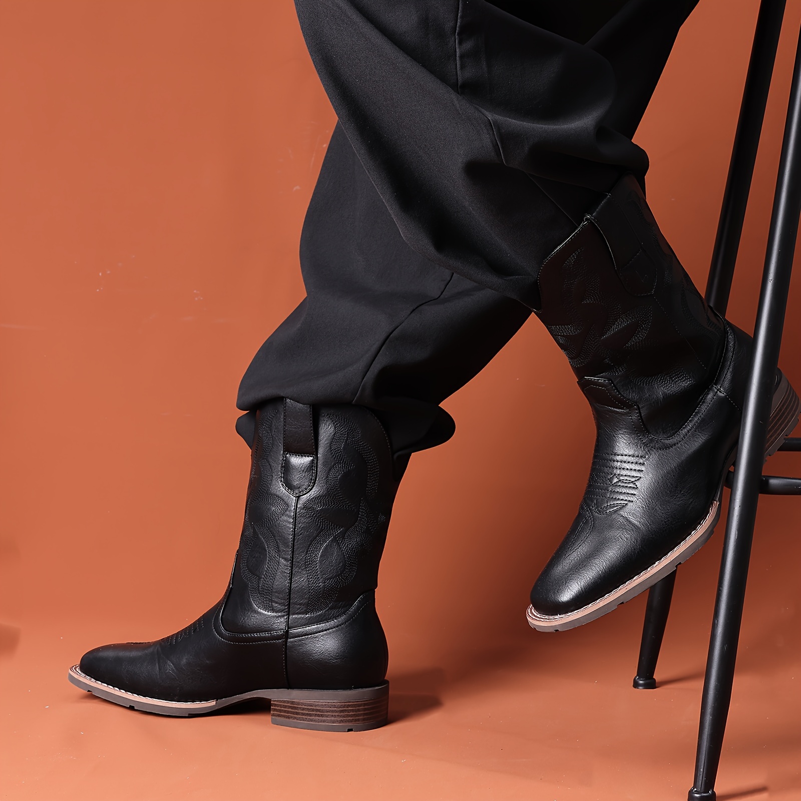 

Men's Black Cowboy Boots - Square Toe , Pull-on Style With Old West Embroidery