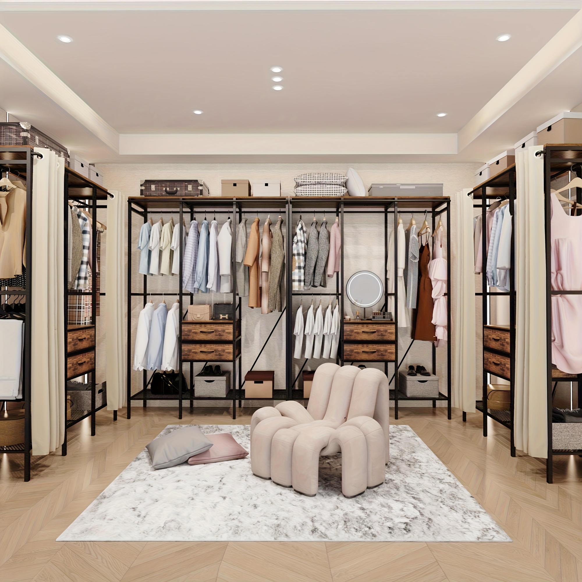 Temu Estendal De Roupa ReforçAdo, Organizador De Roupeiro Com Cortina Anti-Pó, Prateleiras E Gavetas, Estendais Independentes Para Pendurar Roupa,-image