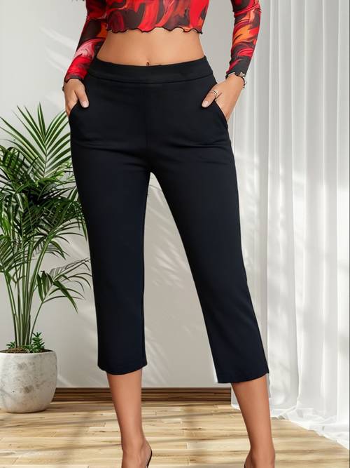 damen high-waist elastische freizeithose mit , sommer, bequem, atmungsaktiv, weich, maschinenwaschbar, reines schwarz, bequemer und passender stil, weicher stoff, flexible und bequeme hose