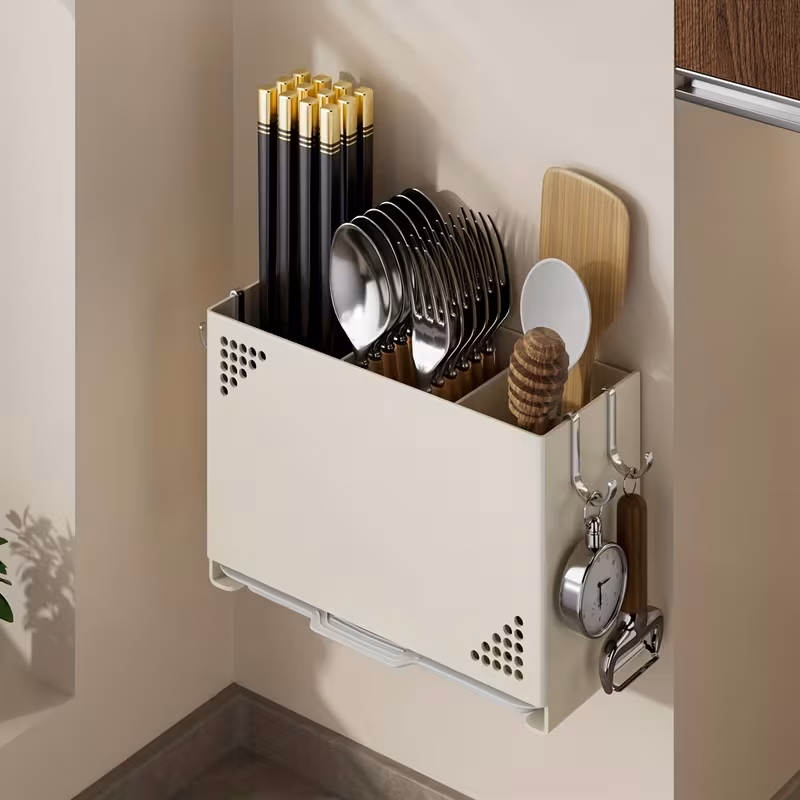 1pc wall mounted chopstick holder space saving kitchen organizer with cutlery slots countertop utensil rack with built in drainage system for home and restaurant use suitable for chopsticks spoons spatulas compact countertop or wall rack Product details 9
