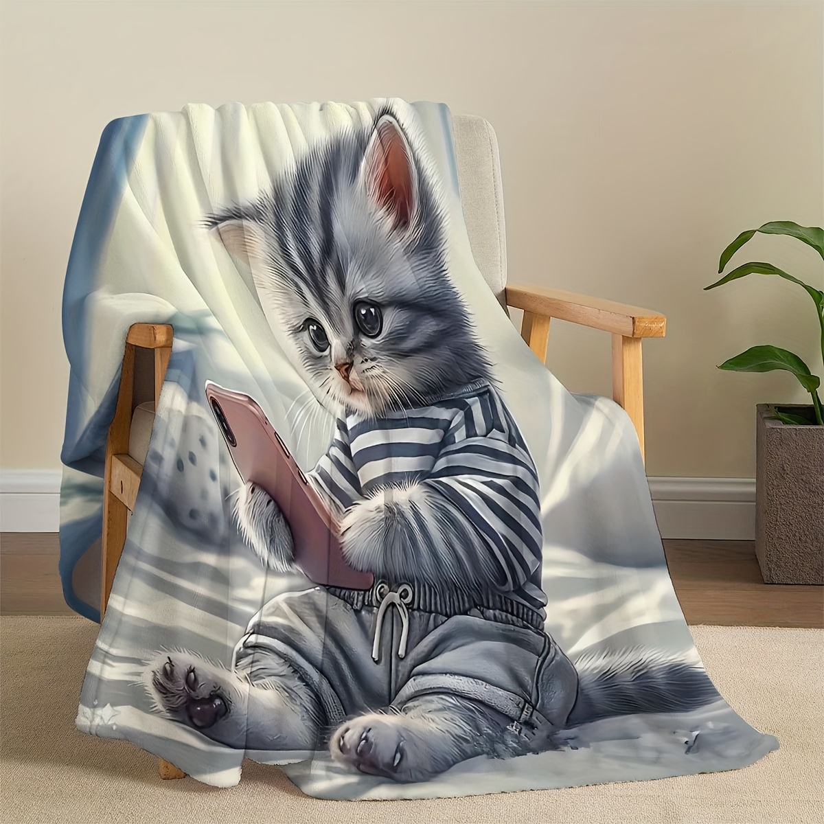 Image of 1pc Cozy Flannel Fleece Throw Blanket Suitable For Sofa,, Camping & Travel - Soft Warm Cat Print, Machine Washable All- Blanket With Cute Kitten, 200-250gsm For, Office, Gifts For