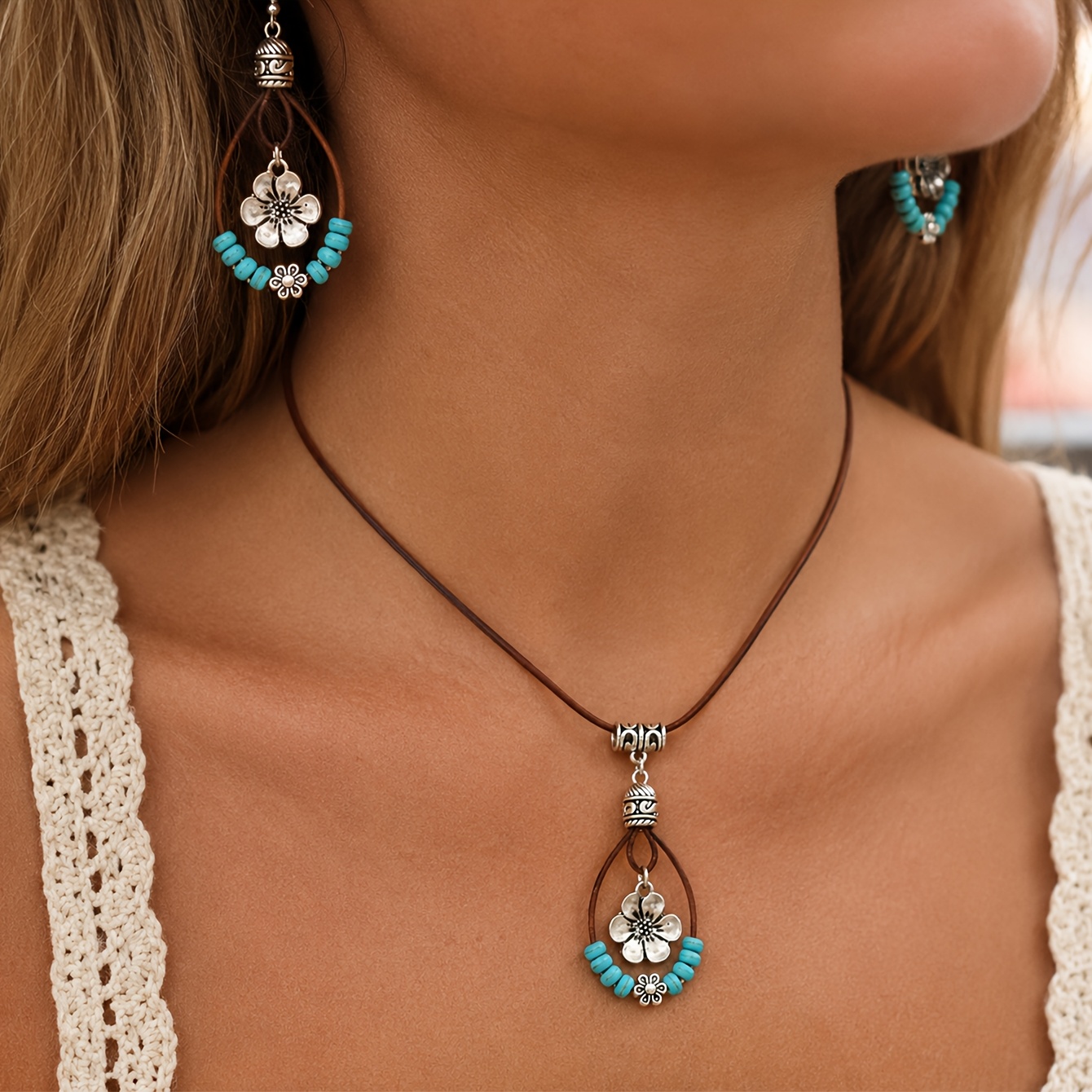 TEMU 2pcs Vintage Cute Floral Pendant Women's Earrings + Necklace Set, Women's Jewelry Set, Unique Bohemian Style Suitable For Daily Wear, Banquets,