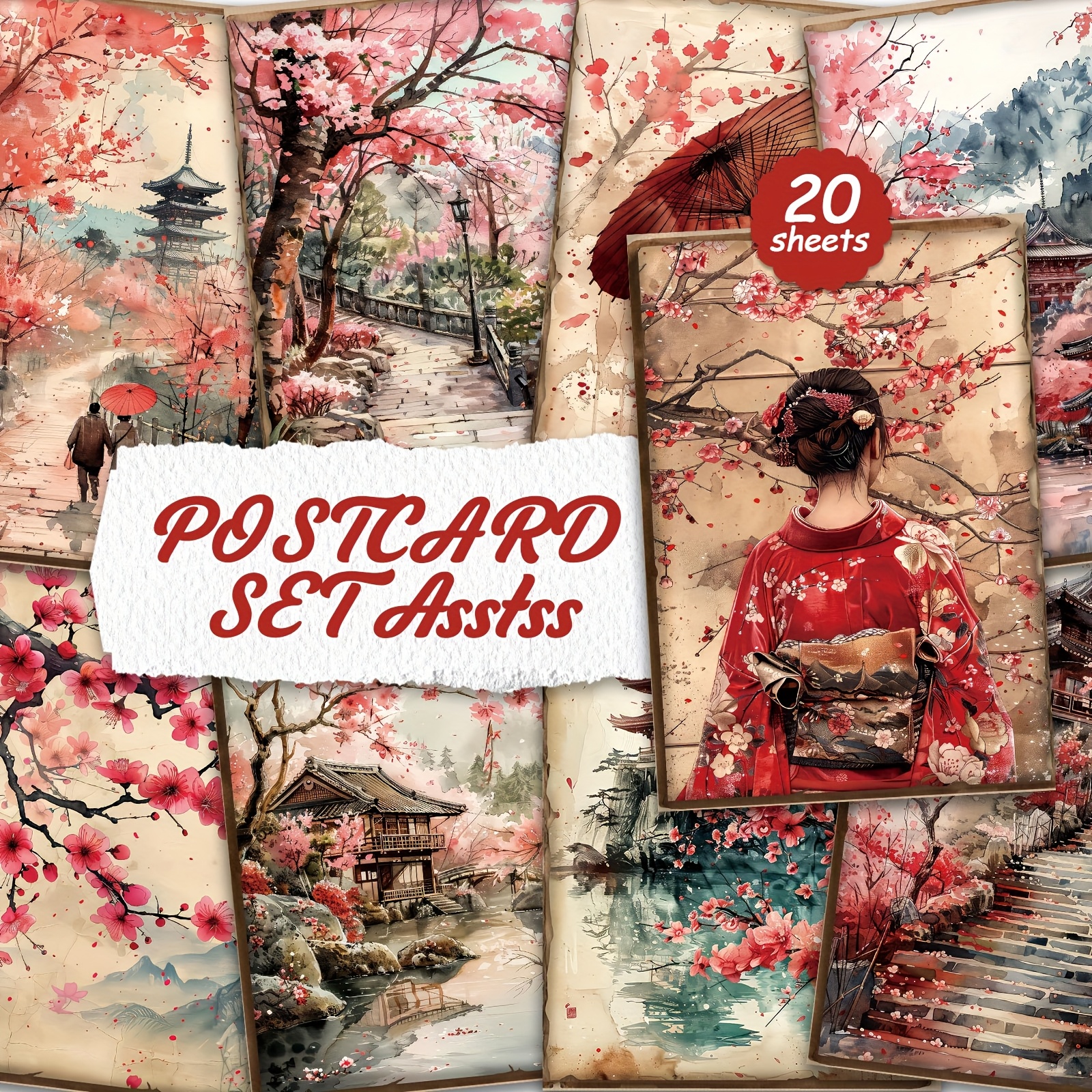 Image of A Collection Of 20 Cherry -themed Postcards Designed For Writing On Cardboard, Featuring Smooth Surfaces Suitable For English Scrapbooks, Journals, Crafts, And Greeting Cards