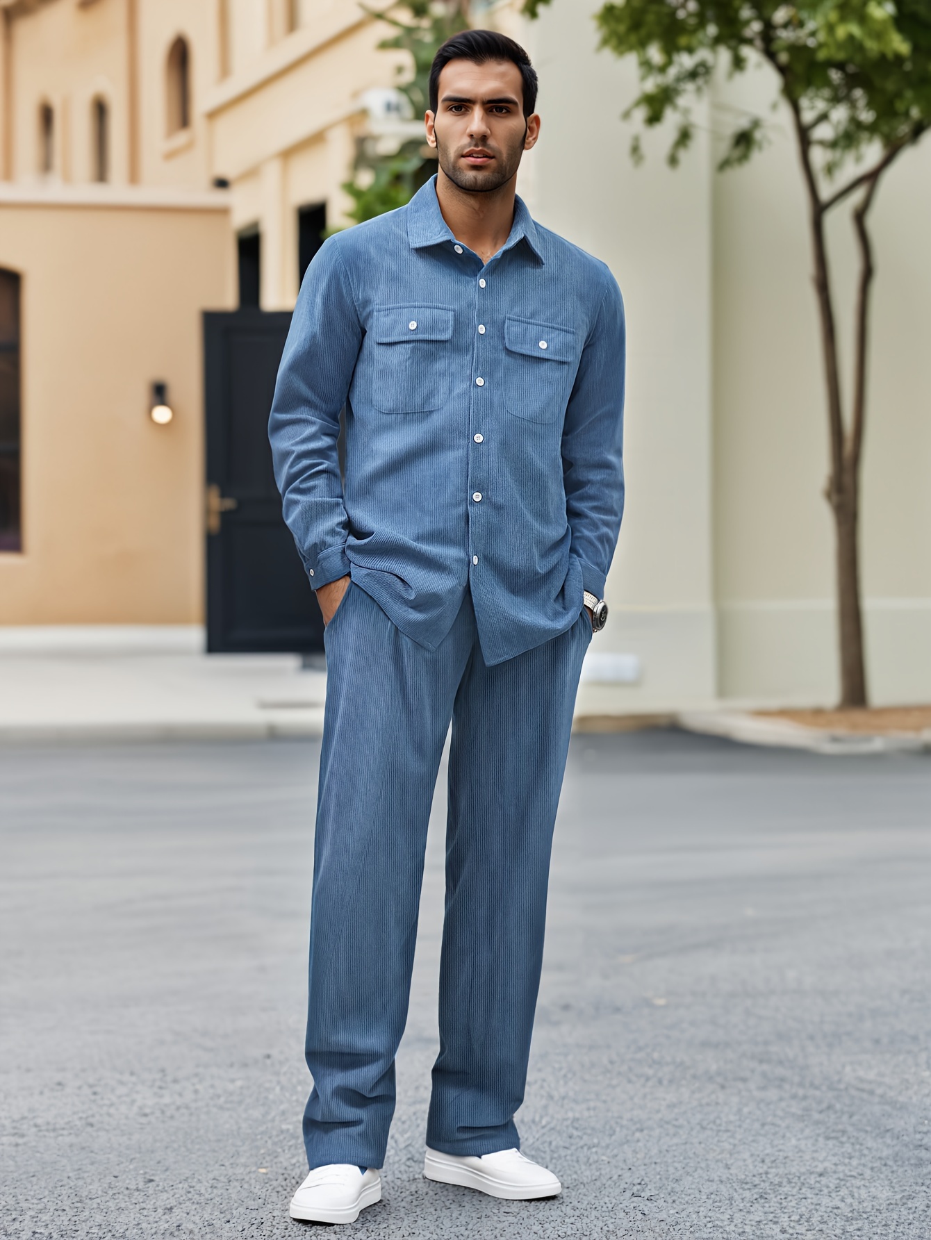 men's casual corduroy long sleeve shirt pants set denim blue