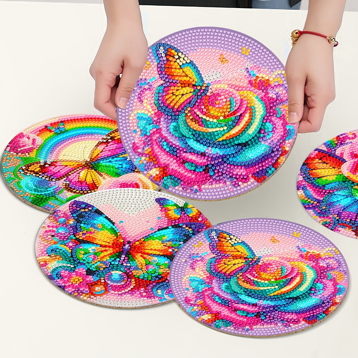 TEMU 4pcs Diy Placemat Kit - Rose Series Round Table Mats With Wood Base, Non-slip Suitable For Home Decor, Heat Insulation, Diy Mosaic Craft With ,