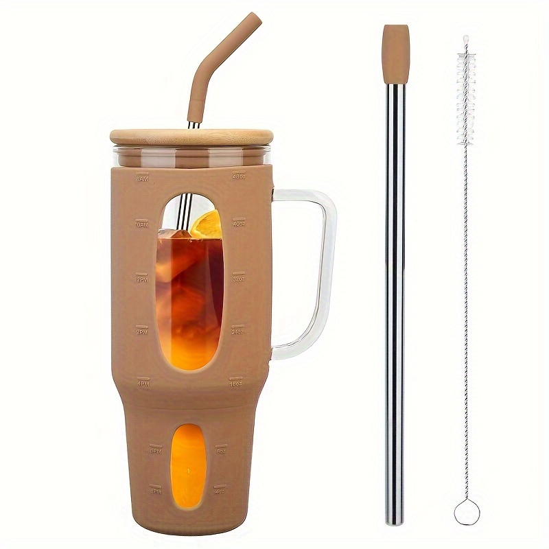 

50 Oz Glass Tumbler With Handle, Reusable Glass Tumbler With Straw And Lid, Glass Water Bottles With Bamboo Lid, Iced Coffee Cup Fits In Cup Holder, Smoothie Cups