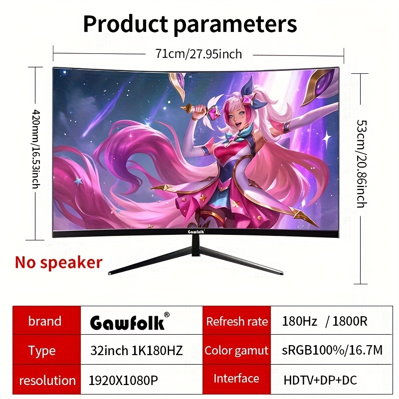Image of Gawfolk 32 Inch Gaming Monitor 1800r Curved Computer Monitors 180hz Pc Monitors Va Screen For Home, Office And Dormitory, Fhd 1080p Computer Monitor Support Hdtv & Dp