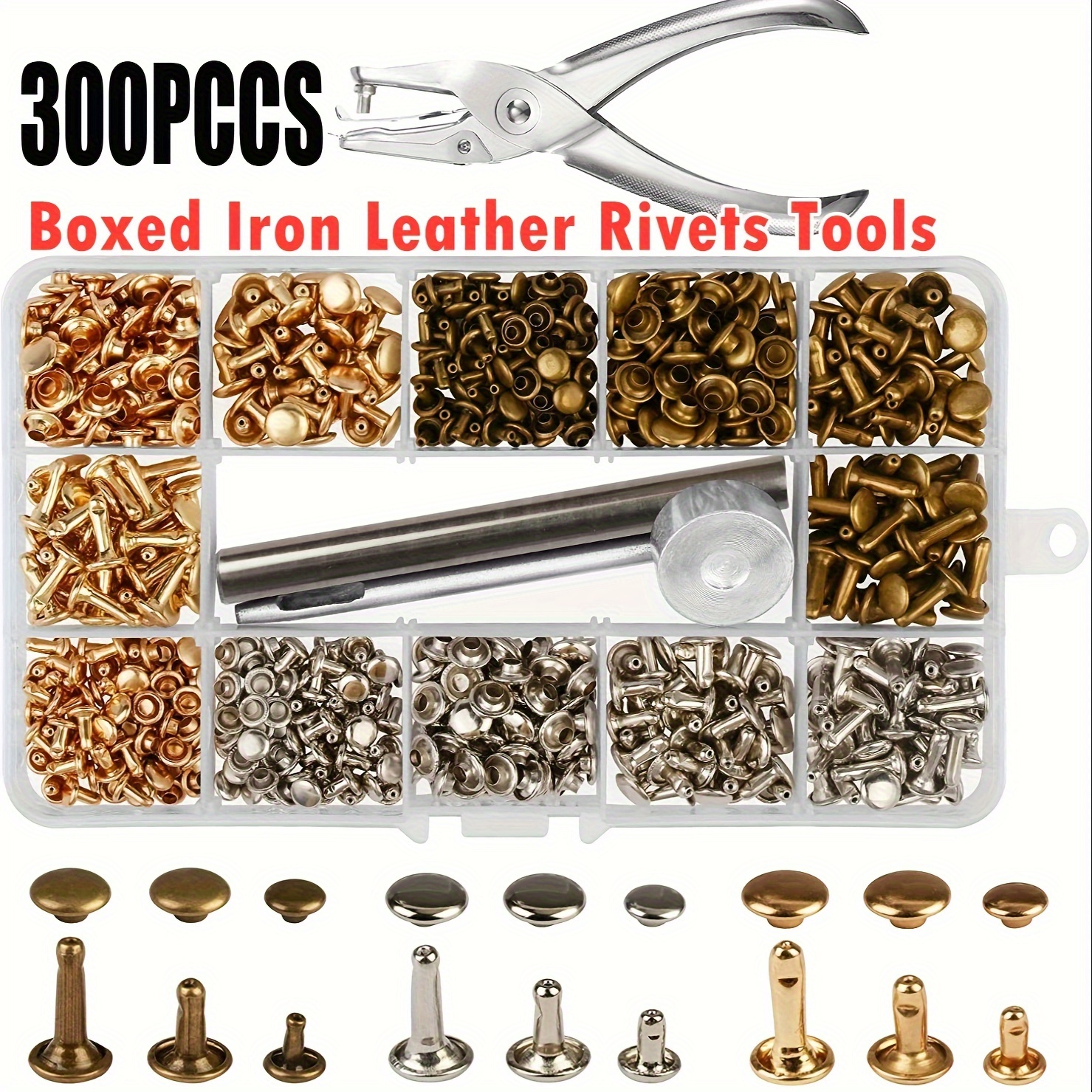 

300 Sets Leather Rivets Double Cap Rivet Tubular Metal Studs With Punch Pliers Fixing Set Tools For Diy Leather Craft