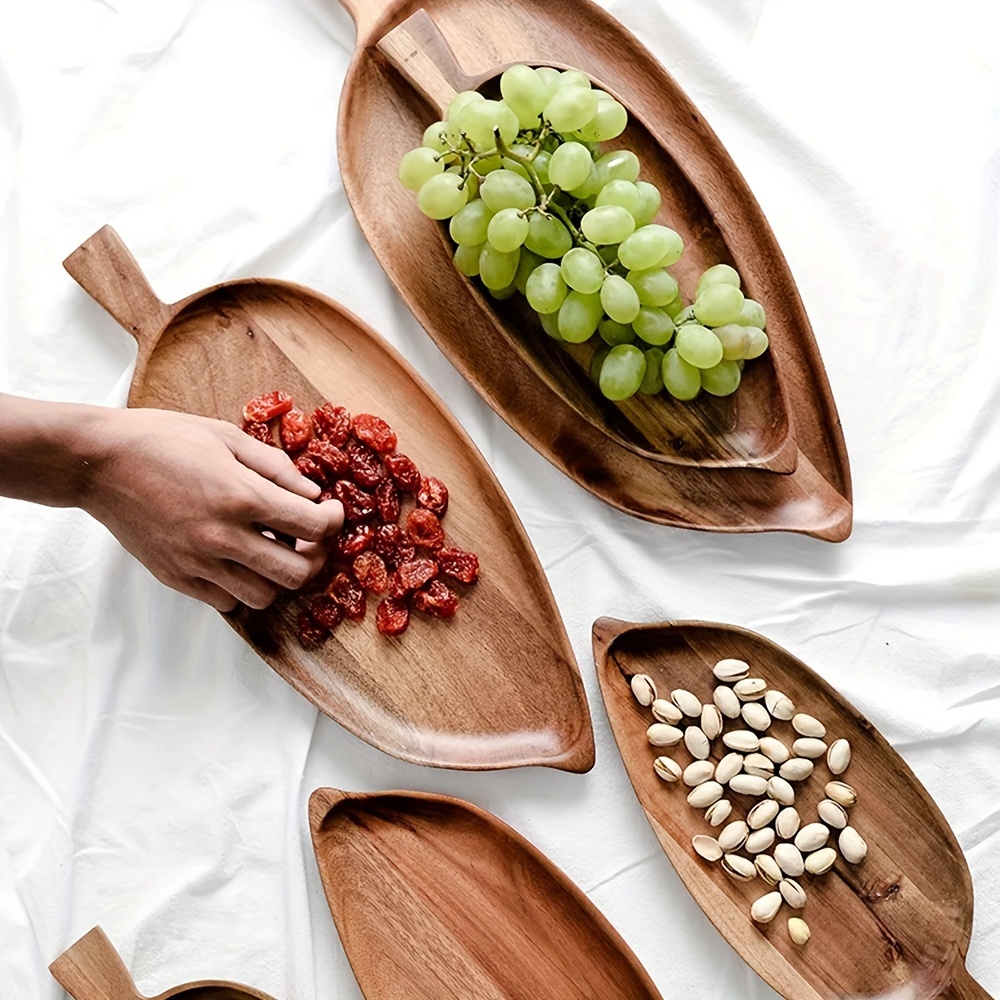1pc Large Wooden Leaf-Shaped Serving Tray, Rustic Acacia Wood Dish Plate  For Afternoon Tea, Snacks, Sushi Presentation, Novelty Food Serving Platter,