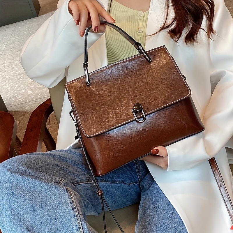 TEMU Wo 's Trendy Single Handbag With Cowhide Top, Soft Briefcase Handbag, Classic Handbag