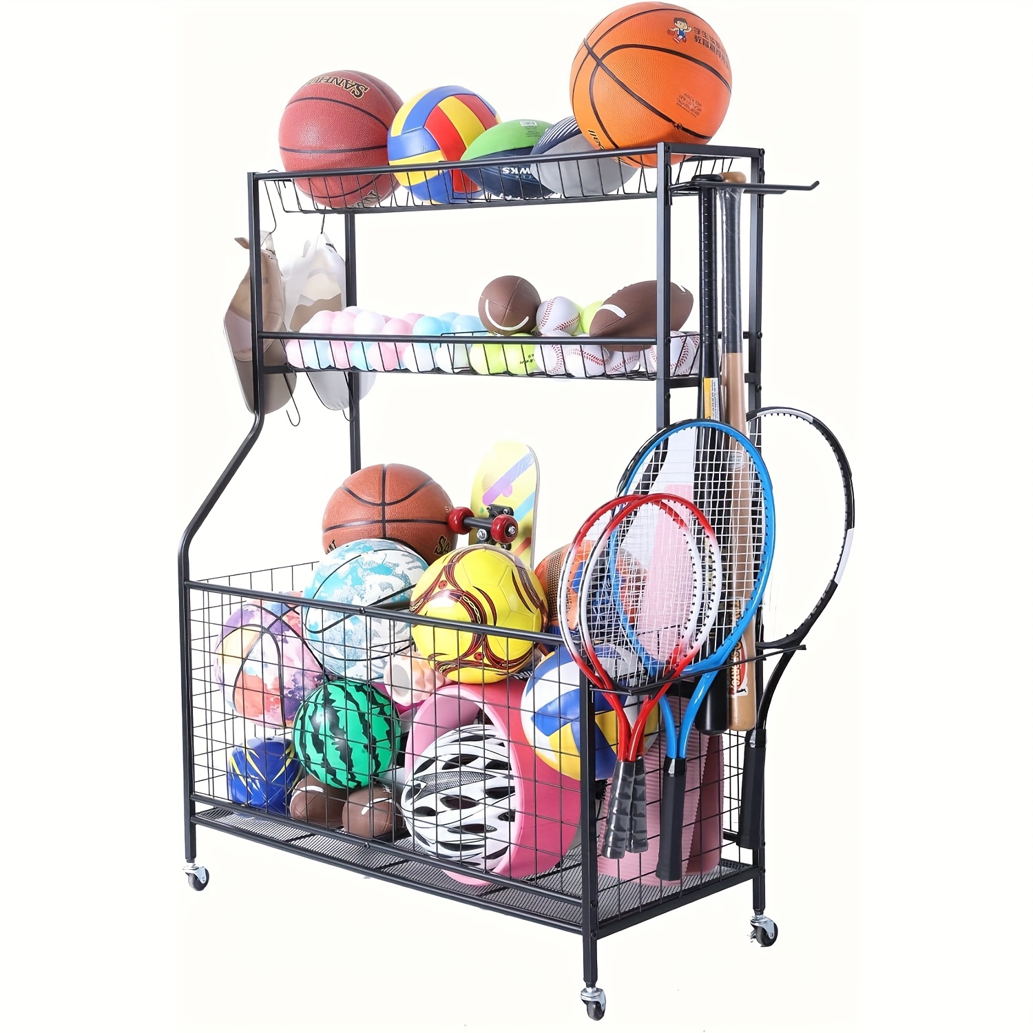 TEMU Support de rangement pour équipement de sport en acier au - 2 paniers, 2 roues verrouillables - Organisateur robuste pour salle de sport à