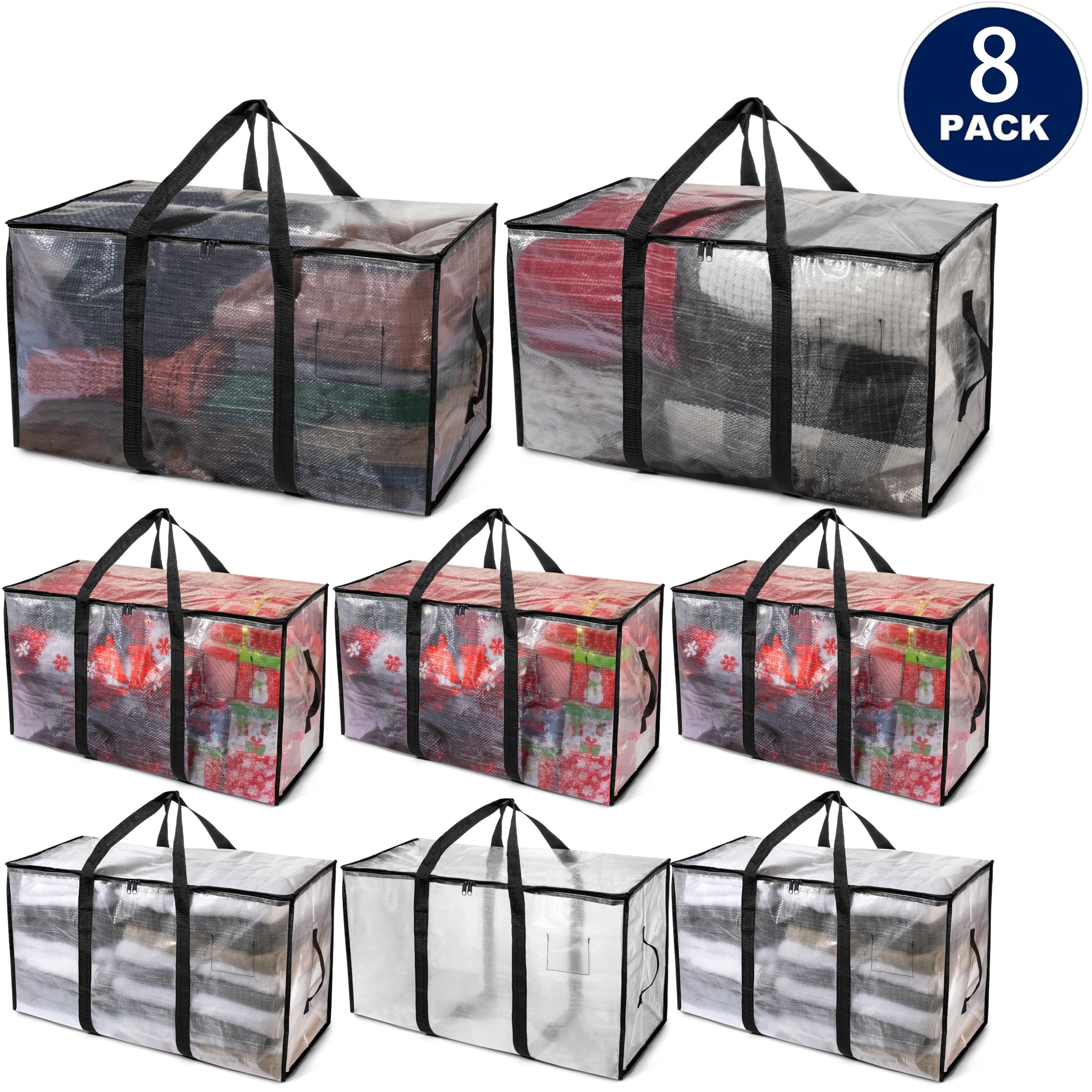 

8pcs Large Storage Bags With Zippers & Handles, Transparent Heavy-duty Portable Storage Bag Tote For Moving, College Dorms, Home, Ideal Storage Essentials