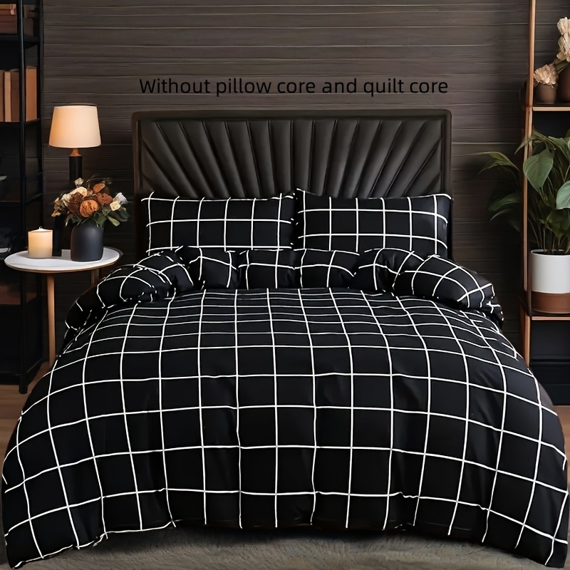 Image of 3pcs Set: 1 Duvet Cover + 2 Pillowcases (filling Not Included). Black Duvet Cover Set Features Plaid Print, Lightweight, Soft, And Skin-friendly For . Suitable For Travel, Home, Hotel, Bedroom, And