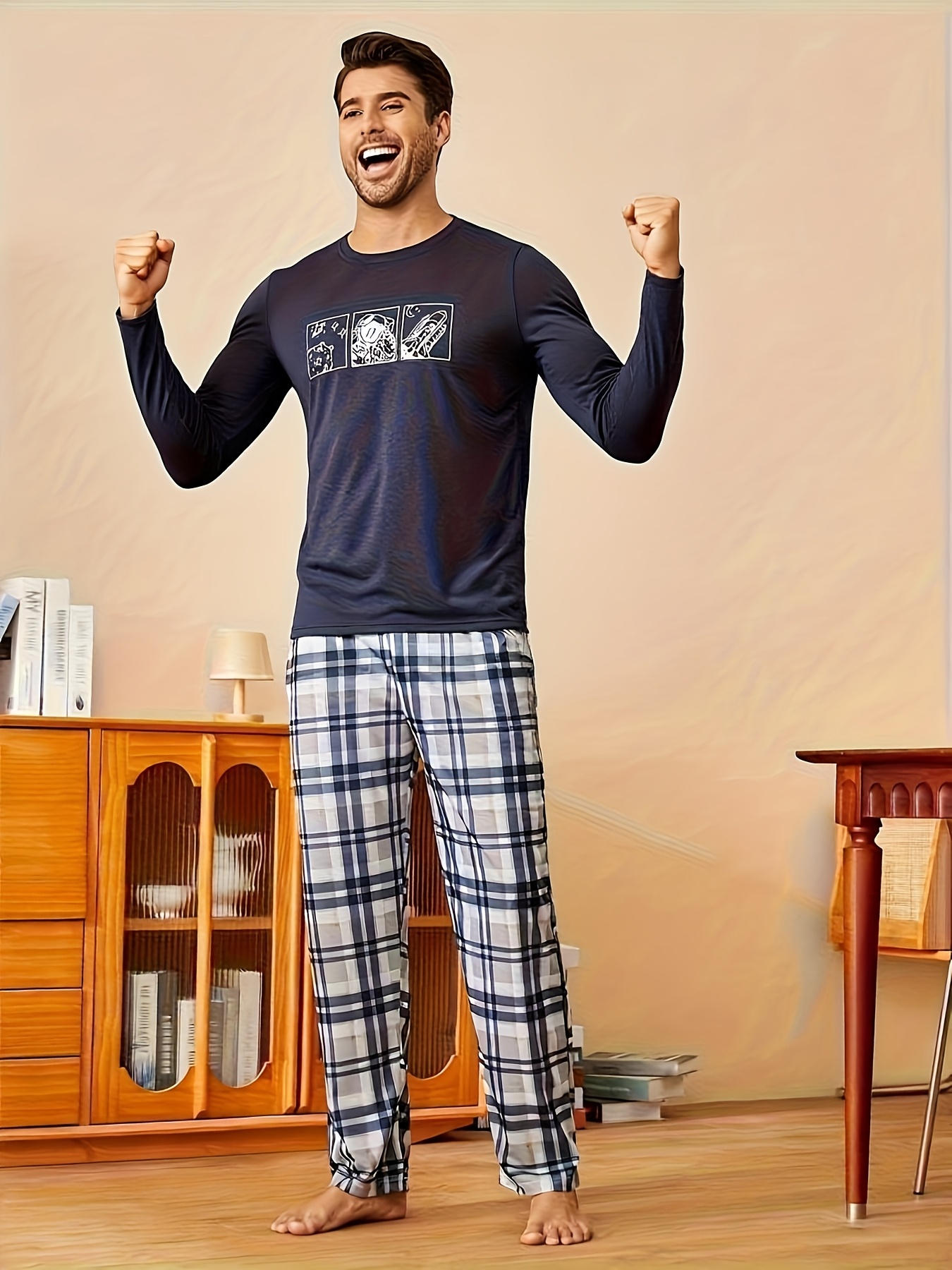 ensemble de pyjama pièces pour homme, à carreaux jaunes, haut