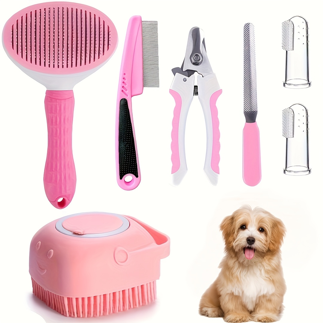 TEMU Kit de toilettage 7-en-1 pour chiens et chats - Brosse autonettoyante, coupe-ongles, outils de démêlage