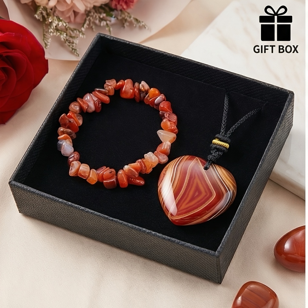 TEMU 3pcs Agate Heart Necklace + Crushed Stone Bracelet + Gift Box Set, Guardian Of , For And Safety, Stone For Zodiac Year, Niche Light For Women,