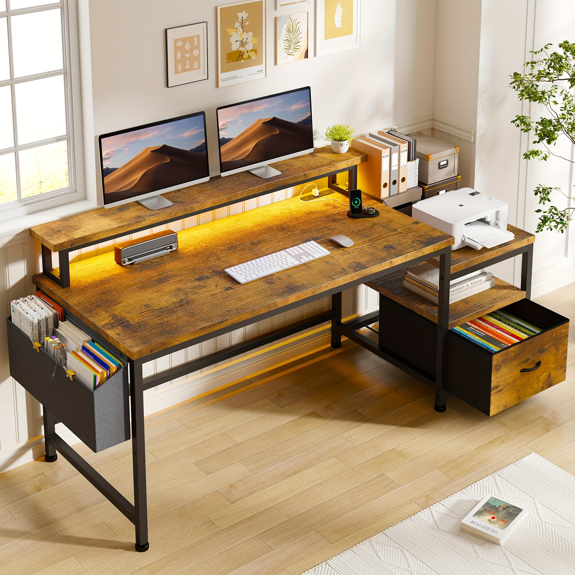   57 office desk with drawers and printer space computer desk with power outlets home office desks with file drawers cabinet study and gaming desk with shelves monitor stand rustic brown