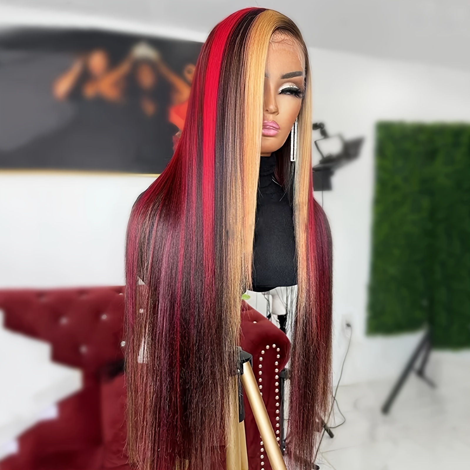 24 long straight skunk stripe wig black red blonde burgundy Temu