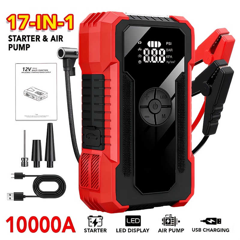 TEMU Alimentation de démarrage d'urgence, chargeur multifonction 10-en-1, avec gonfleur de pneu numérique 150 PSI, lampe de poche LED, batterie au
