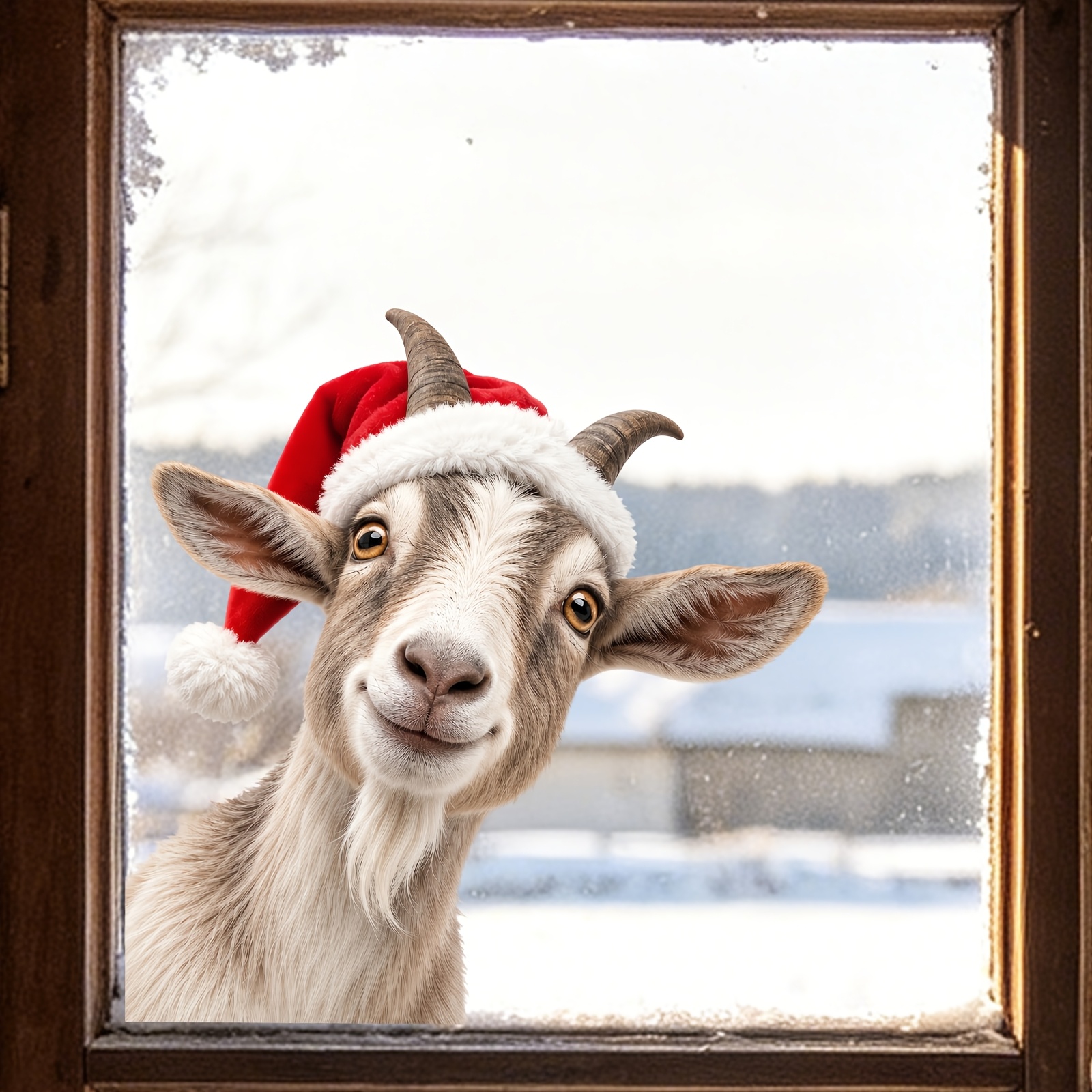 TEMU Funny Peeking Goat Christmas Window Sticker, Realistic Print With Red Santa Hat, Removable Decal, Leaves No Sticky Residue, Farmhouse Holiday