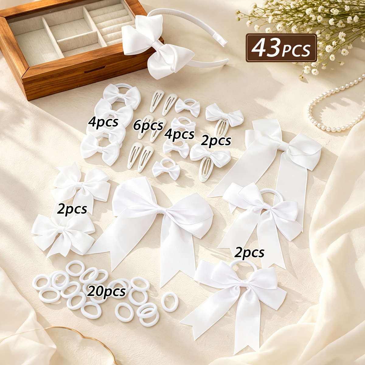 TEMU 43pcs Women' Bow Hair Additions Headband Hair Clip Hair Tie Set, Versatile Broken Hair Bangs Side Clip Hairpin Hair Ornament, Suitable For
