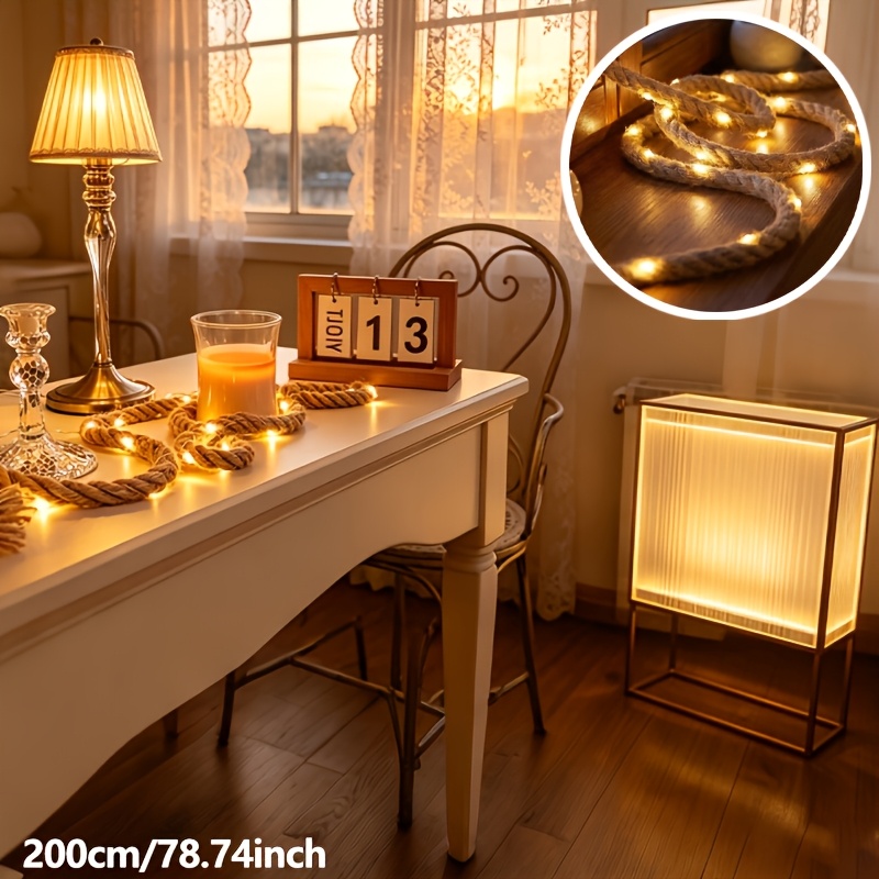 TEMU 20 Led Warm Light Vintage Hemp Rope Led String Lights, Suitable For Indoor Parties, Weddings, Engagements, Halloween, And Christmas Decorations,