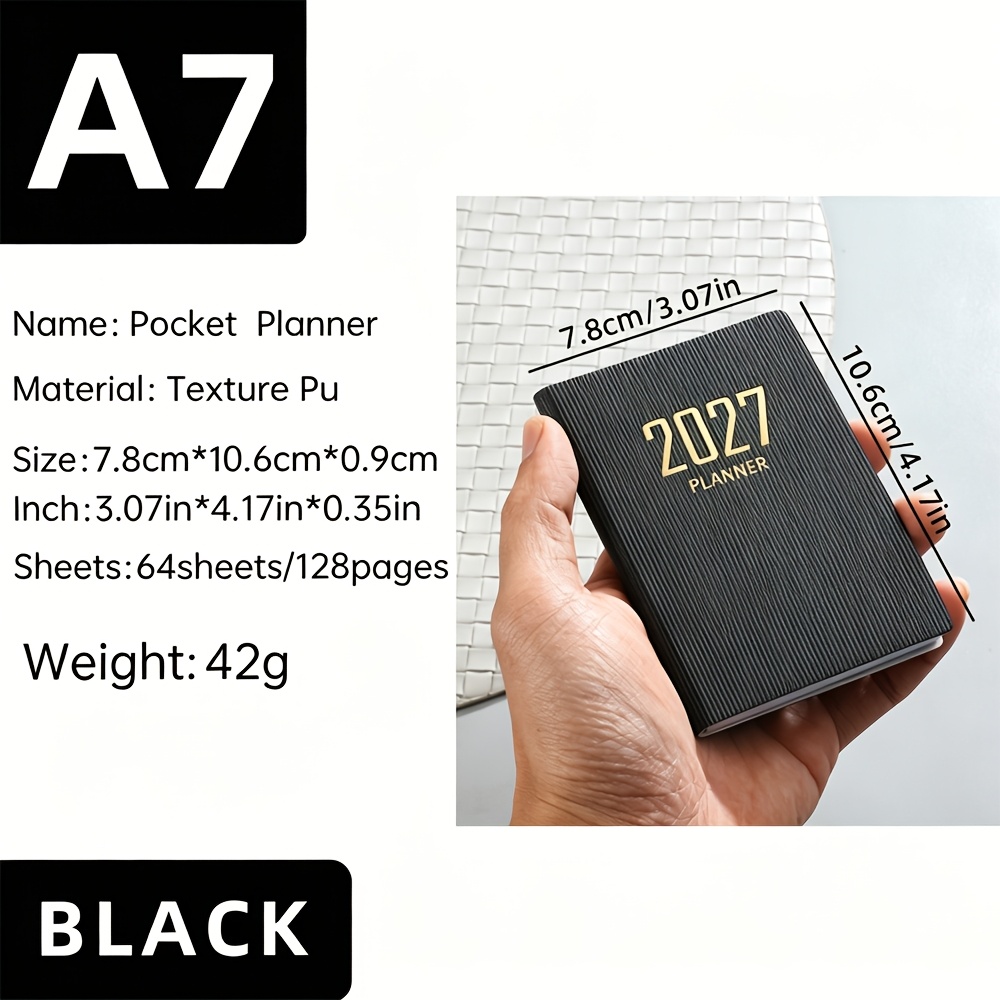 TEMU 1pc Portable 2027 English Daily Planner A7 Time Management Notebook, 120 Pages Calendar Weekly Planner, Leather Cover, Time Organizer, Worker